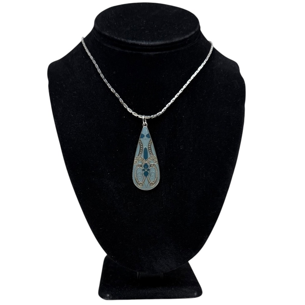 Monet Silver Tone Teardrop Pendant Necklace Blue Enamel Rhinestone Accents 13.5